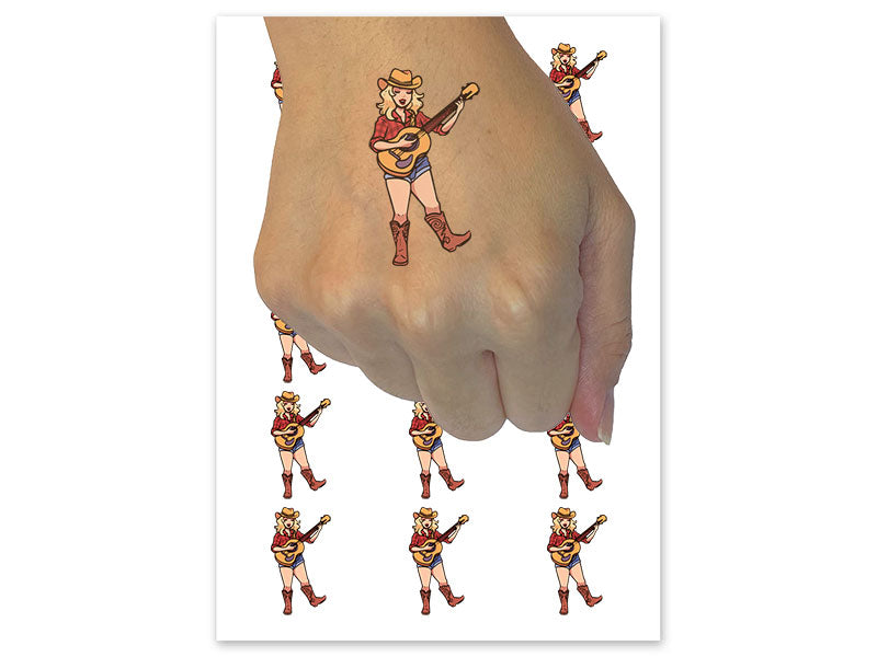 Country Western Signer Cowgirl with Guitar Temporary Tattoo Water Resistant Fake Body Art Set Collection (1 Sheet)