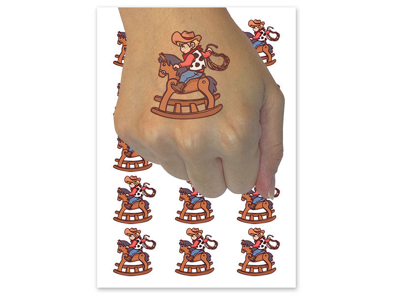 Cowboy Child on Rocking Horse Temporary Tattoo Water Resistant Fake Body Art Set Collection (1 Sheet)