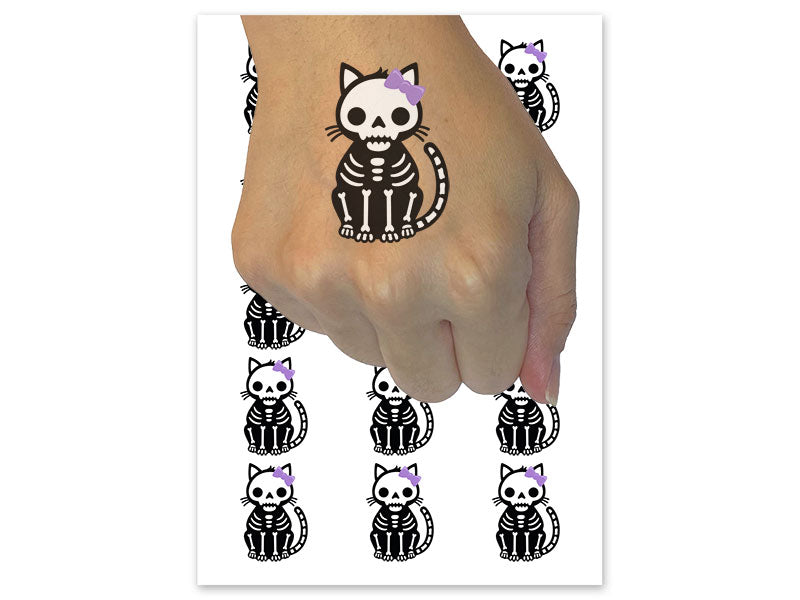 Creepy Cute Girly Cat Skeleton Temporary Tattoo Water Resistant Fake Body Art Set Collection (1 Sheet)