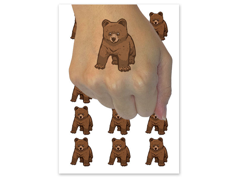 Curious Baby Brown Bear Grizzly Cub Temporary Tattoo Water Resistant Fake Body Art Set Collection (1 Sheet)
