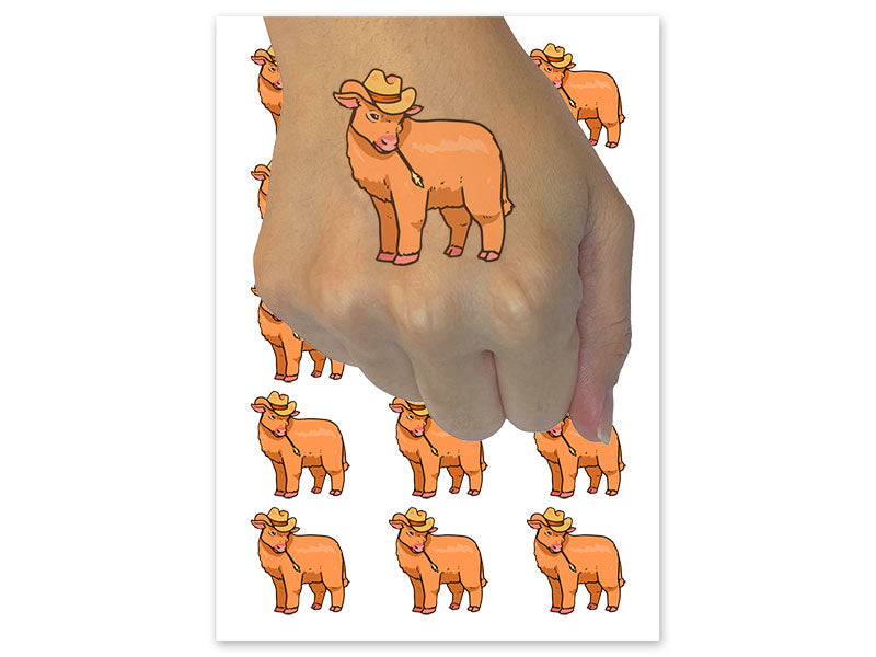 Cute Fluffy Cow with Cowboy Hat Calf Temporary Tattoo Water Resistant Fake Body Art Set Collection (1 Sheet)