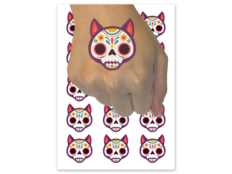 Dia De Los Muertos Cat Skull Temporary Tattoo Water Resistant Fake Body Art Set Collection (1 Sheet)