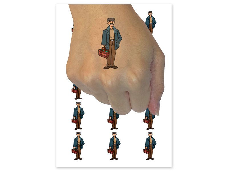Elderly Man Grandfather with Bag Temporary Tattoo Water Resistant Fake Body Art Set Collection (1 Sheet)