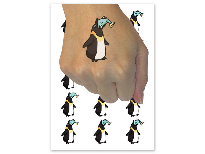 Emperor Penguin Swallowing Fish Temporary Tattoo Water Resistant Fake Body Art Set Collection (1 Sheet)