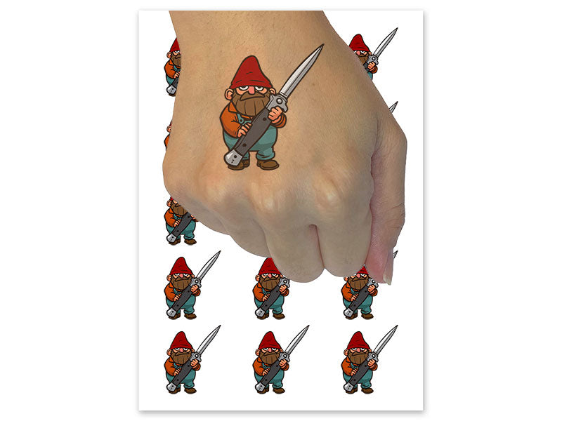 Garden Gnome with Switchblade Pocket Knife Funny Temporary Tattoo Water Resistant Fake Body Art Set Collection (1 Sheet)