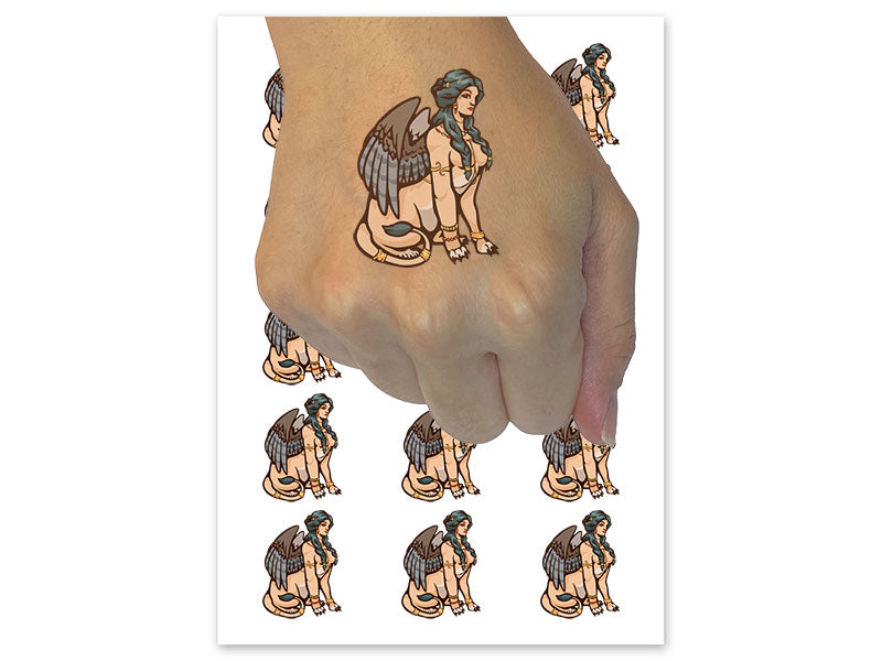 Greek Sphinx Mythical Creature Woman Riddles Temporary Tattoo Water Resistant Fake Body Art Set Collection (1 Sheet)