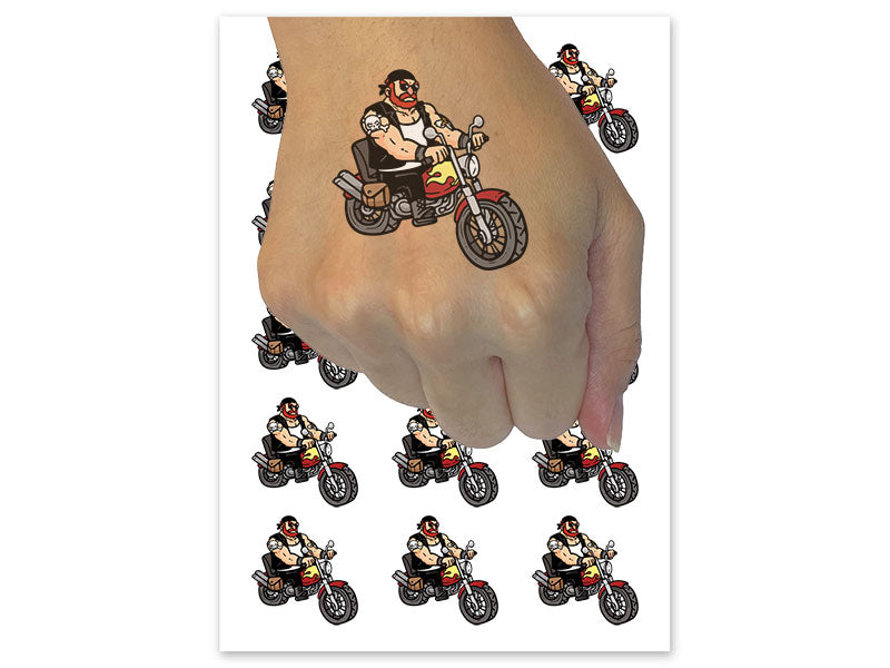 Gruff Tough Manly Biker on Motorcycle Bike Temporary Tattoo Water Resistant Fake Body Art Set Collection (1 Sheet)