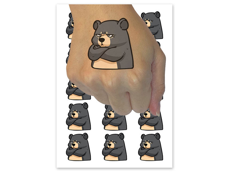 Grumpy Cartoon Black Bear Arms Crossed Temporary Tattoo Water Resistant Fake Body Art Set Collection (1 Sheet)