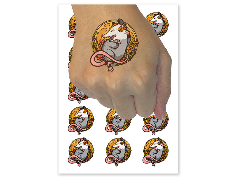Happy Harvest Opossum Bed Of Flowers Temporary Tattoo Water Resistant Fake Body Art Set Collection (1 Sheet)