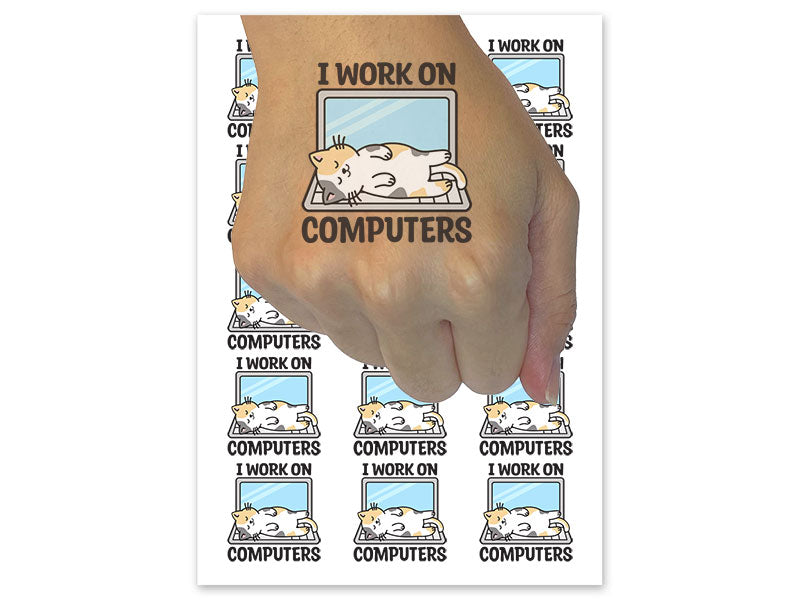 I Work On Computers Cat Temporary Tattoo Water Resistant Fake Body Art Set Collection (1 Sheet)