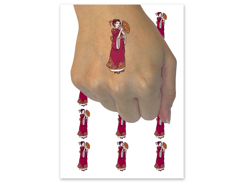 Japanese Geisha Woman Kimono Fan Temporary Tattoo Water Resistant Fake Body Art Set Collection (1 Sheet)