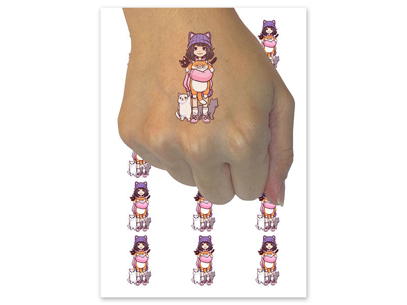 Kawaii Cat Girl with Cats Temporary Tattoo Water Resistant Fake Body Art Set Collection (1 Sheet)