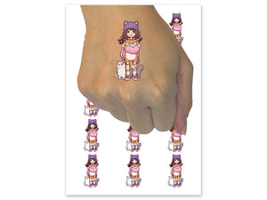 Kawaii Cat Girl with Cats Temporary Tattoo Water Resistant Fake Body Art Set Collection (1 Sheet)