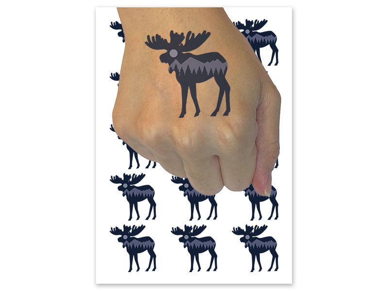Mountain Scene Moose Silhouette Temporary Tattoo Water Resistant Fake Body Art Set Collection (1 Sheet)