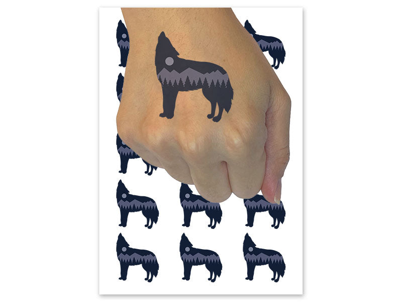 Mountain Scene Wolf Silhouette Temporary Tattoo Water Resistant Fake Body Art Set Collection (1 Sheet)