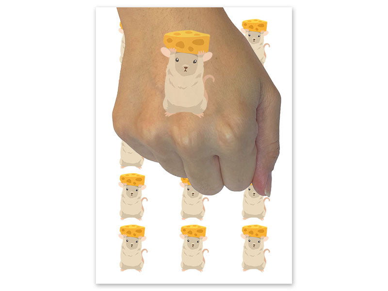 Mouse Holding Up Cheese Above Head Temporary Tattoo Water Resistant Fake Body Art Set Collection (1 Sheet)