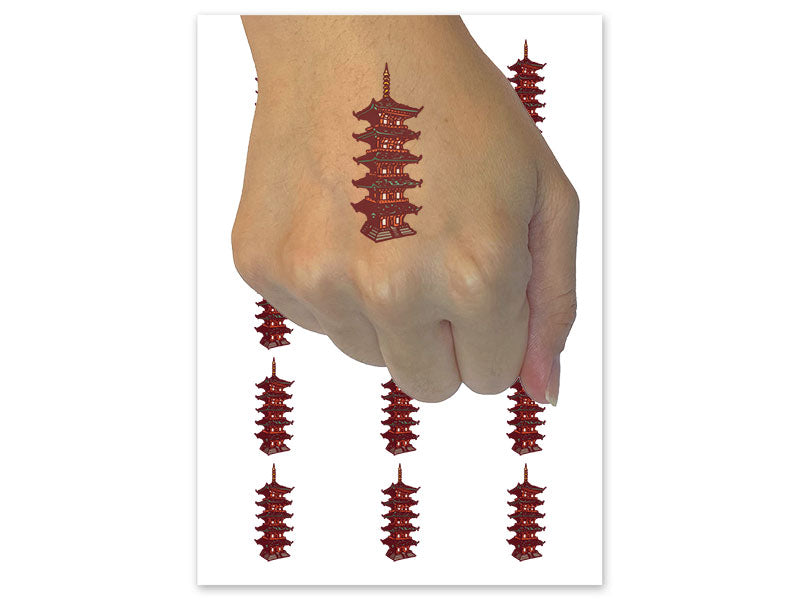 Pagoda Asian Buddhist Tower Building Temporary Tattoo Water Resistant Fake Body Art Set Collection (1 Sheet)