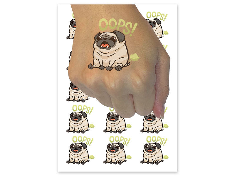 Pug Fart Oops Accident Funny Dog Temporary Tattoo Water Resistant Fake Body Art Set Collection (1 Sheet)