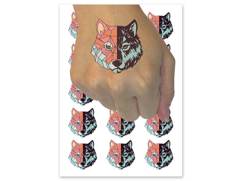 Realistic Geometric Wolf Head Temporary Tattoo Water Resistant Fake Body Art Set Collection (1 Sheet)