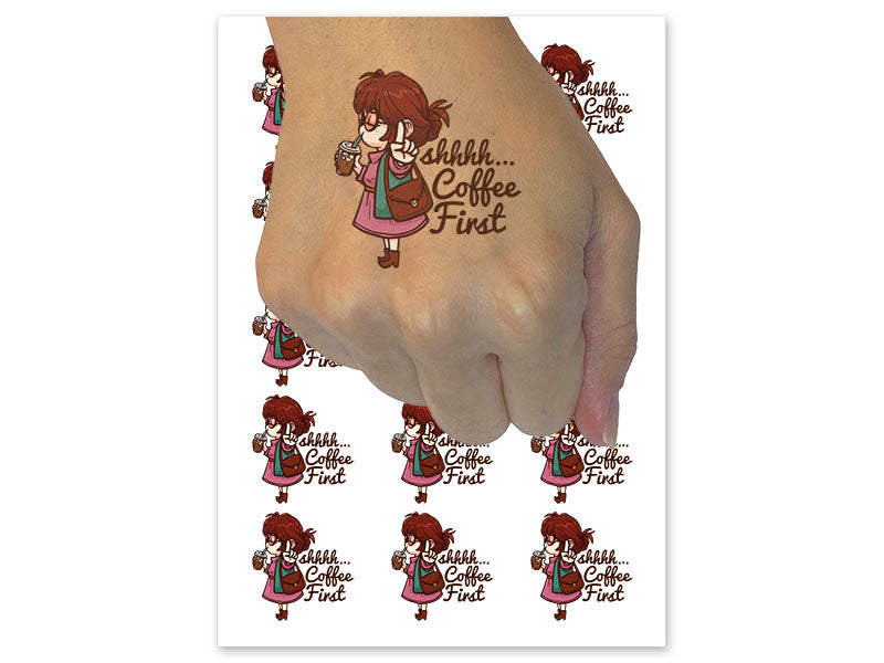 Shhh Coffee First Girl Cafe Drink Temporary Tattoo Water Resistant Fake Body Art Set Collection (1 Sheet)