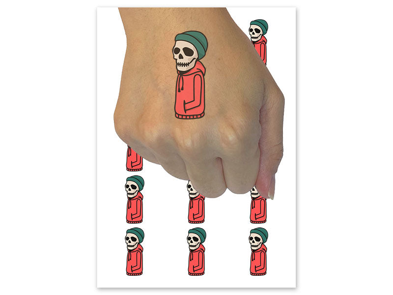 Skeleton Skull in Hoodie and Beanie Temporary Tattoo Water Resistant Fake Body Art Set Collection (1 Sheet)