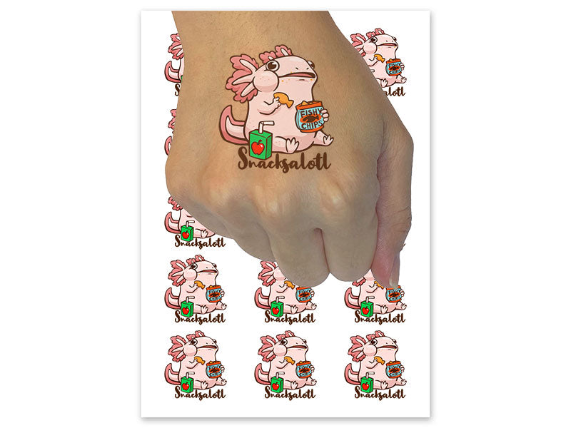 Snacksalotl Snacking Axolotl Hungry Salamander Temporary Tattoo Water Resistant Fake Body Art Set Collection (1 Sheet)