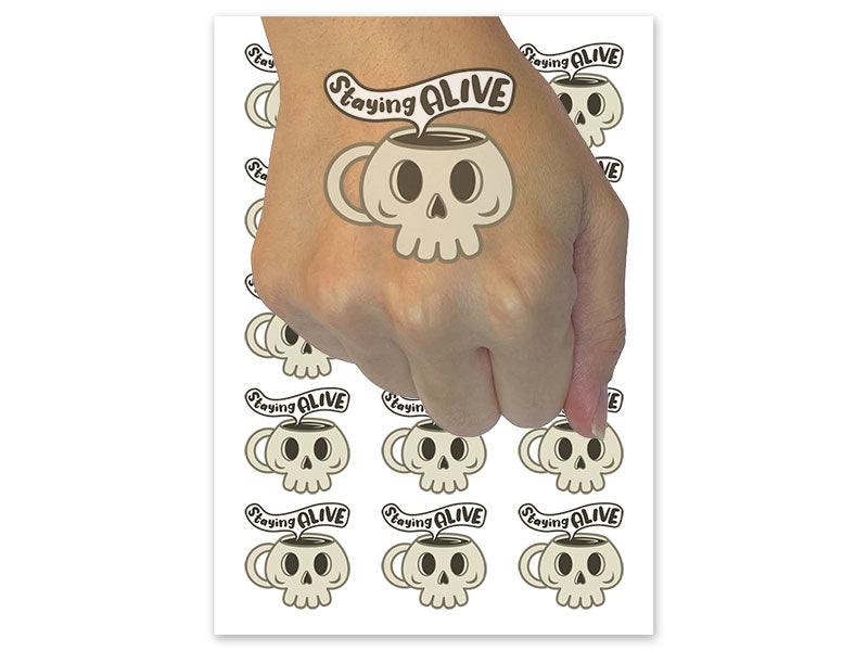 Staying Alive Coffee Skull Mug Temporary Tattoo Water Resistant Fake Body Art Set Collection (1 Sheet)
