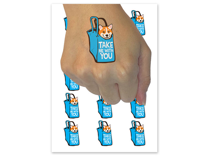 Take Me With You Reminder Dog Corgi Bag Temporary Tattoo Water Resistant Fake Body Art Set Collection (1 Sheet)