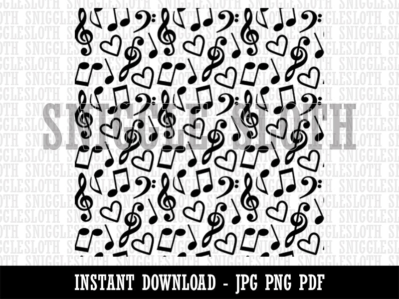 Music Song Notes Hearts Seamless Pattern Background Digital Paper Download JPG PDF PNG File