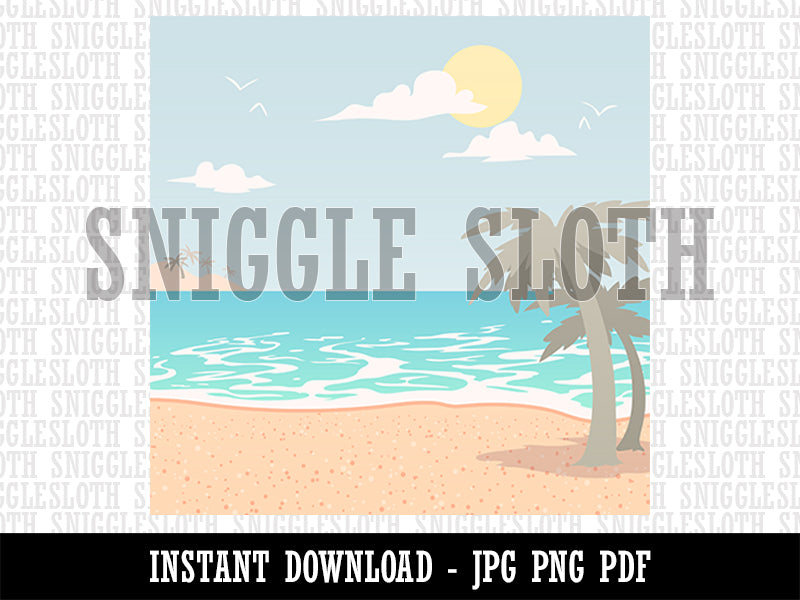 Sunny Tropical Beach Sand Sea Ocean Palm Trees Background Digital Paper Download JPG PDF PNG File
