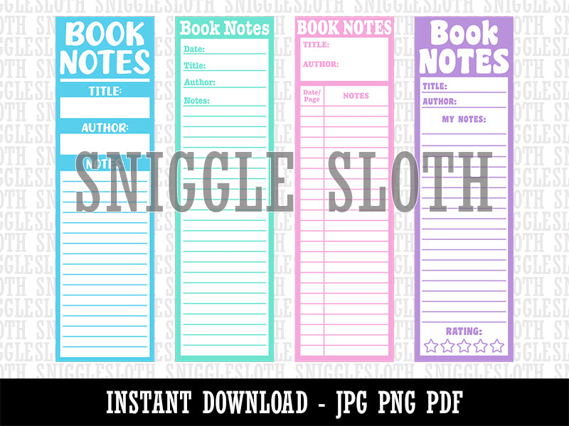 Book Notes Reading Tracker Bookmarks Digital Print JPG PDF PNG File