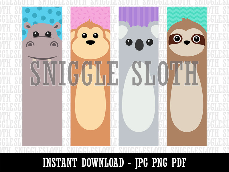 Peeking Zoo Animals Hippo Monkey Koala Sloth Bookmarks Digital Print JPG PDF PNG File