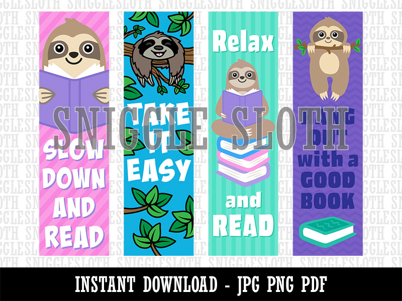 Reading Sloths Bookmarks Digital Print JPG PDF PNG File