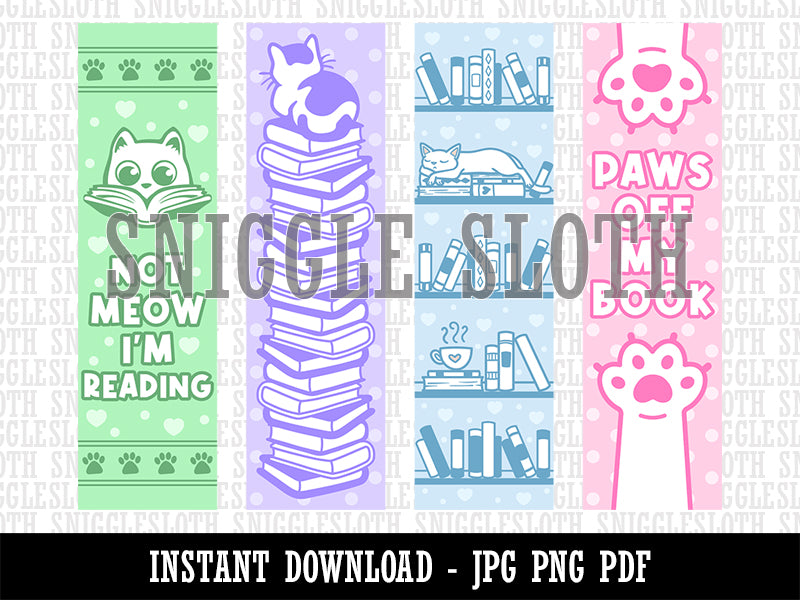 Cute Adorable Cats and Books Bookmarks Digital Print JPG PDF PNG File