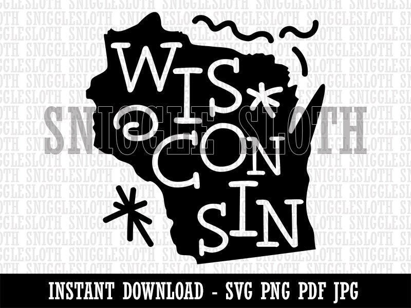 Wisconsin State with Text Swirls Clipart Digital Download SVG PNG JPG PDF Cut Files