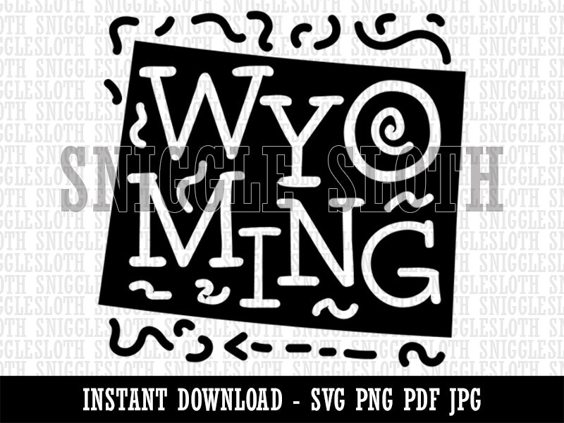 Wyoming State with Text Swirls  Clipart Digital Download SVG PNG JPG PDF Cut Files