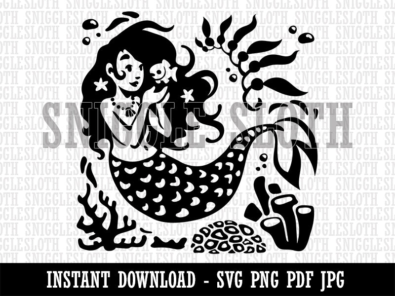 Mermaid Swimming in Reef Clipart Digital Download SVG PNG JPG PDF Cut Files