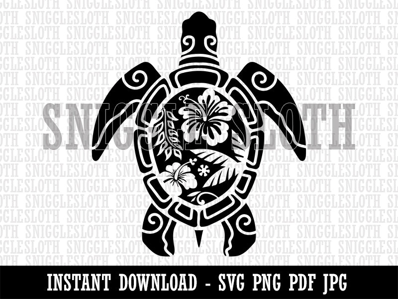 Tribal Hibiscus Sea Turtle Clipart Digital Download SVG PNG JPG PDF Cut Files