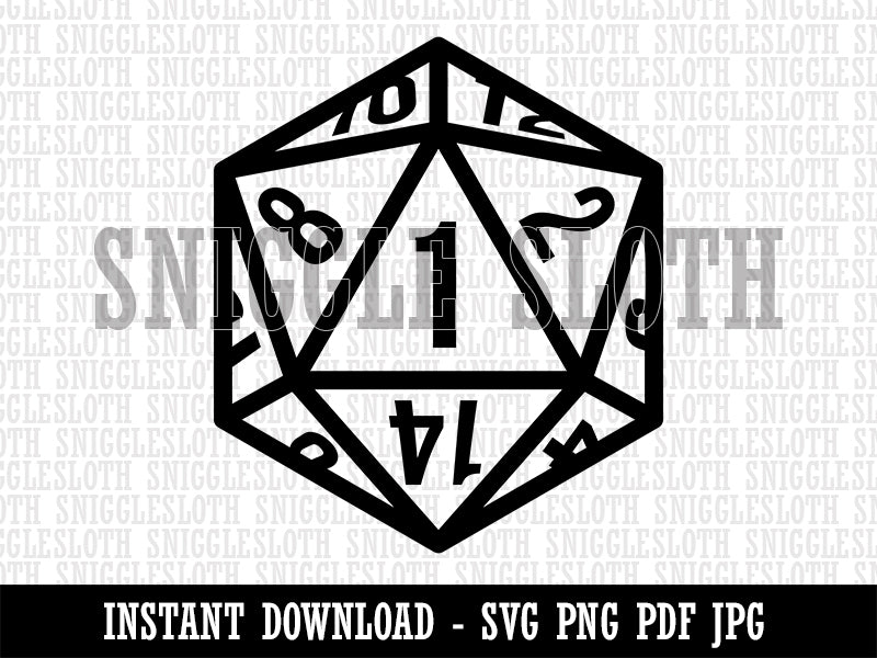 D20 20 Sided Gaming Gamer Dice Critical Fail Clipart Digital Download SVG PNG JPG PDF Cut Files