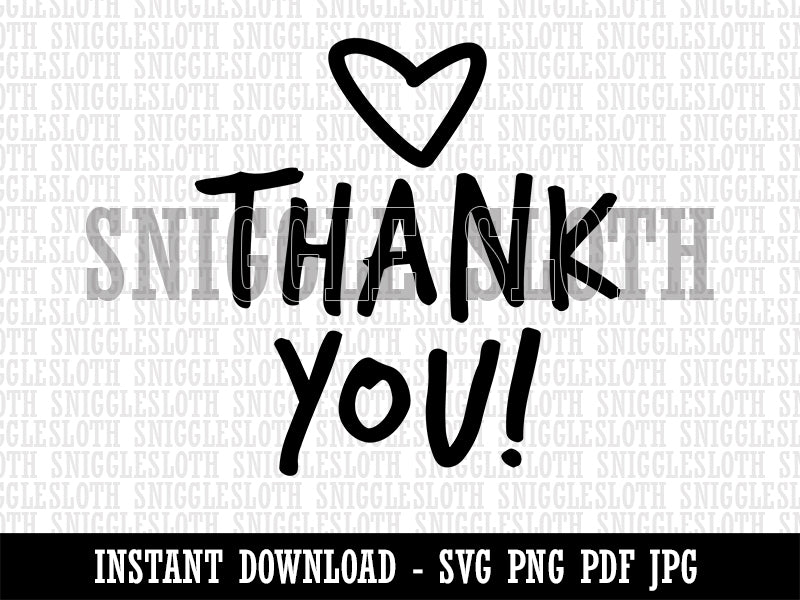 Thank You Fun Text with Heart Clipart Digital Download SVG PNG JPG PDF Cut Files