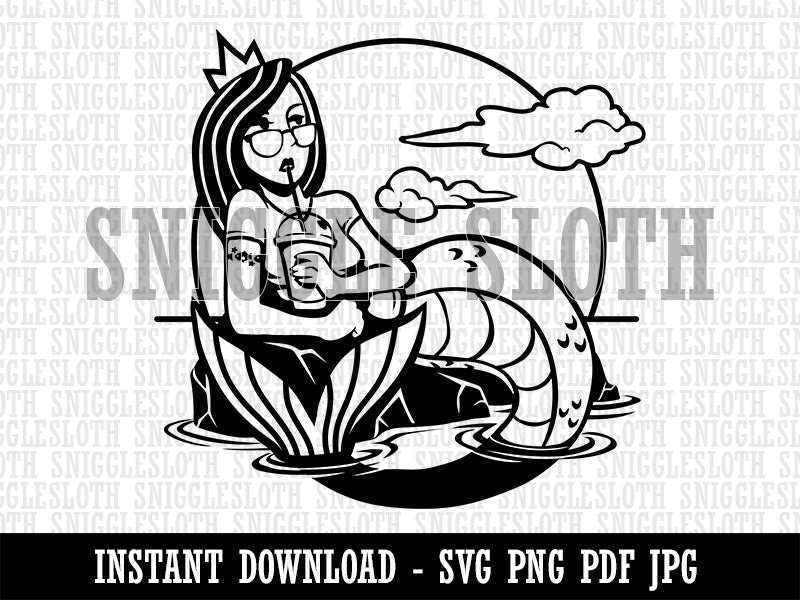 Coffee Drinking Hipster Mermaid Clipart Digital Download SVG PNG JPG PDF Cut Files