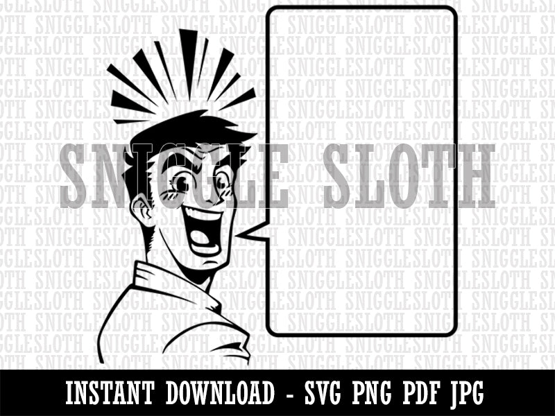 Happy Excited Manga Man with Empty Speech Text Bubble Clipart Digital Download SVG PNG JPG PDF Cut Files