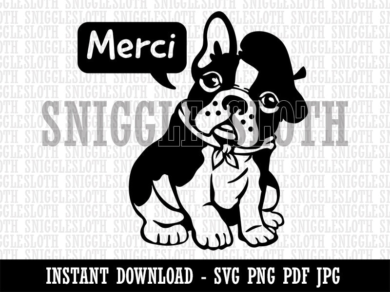Merci Thank You French Bulldog With Beret and Bandana Clipart Digital Download SVG PNG JPG PDF Cut Files