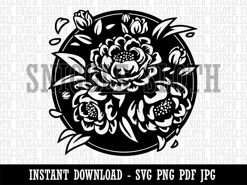 Peony Flowers in Circle Clipart Digital Download SVG PNG JPG PDF Cut Files