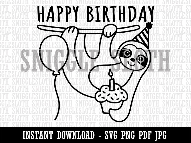 Happy Birthday Sloth with Cupcake Clipart Digital Download SVG PNG JPG PDF Cut Files
