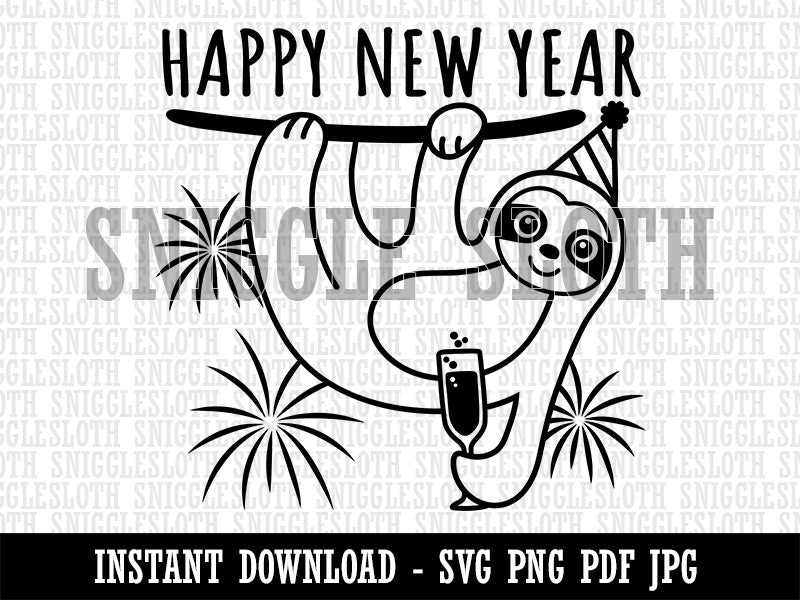 Happy New Year Sloth with Champagne Clipart Digital Download SVG PNG JPG PDF Cut Files