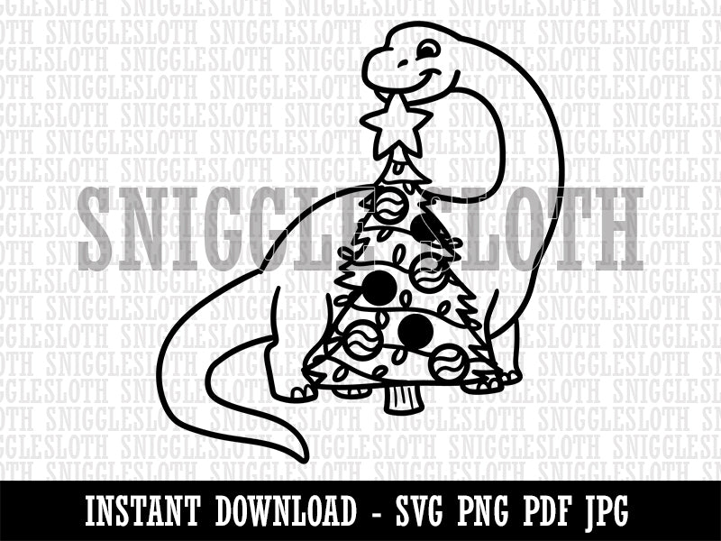 Brontosaurus Putting Star on Christmas Tree Dinosaur Clipart Digital Download SVG PNG JPG PDF Cut Files