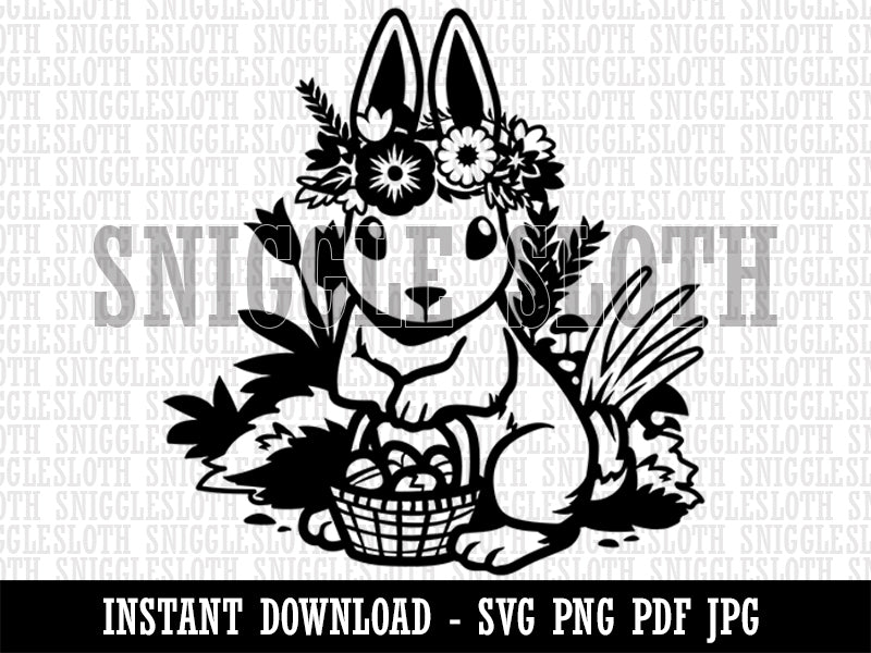 Cute Easter Bunny with Eggs and Flower Crown Clipart Digital Download SVG PNG JPG PDF Cut Files