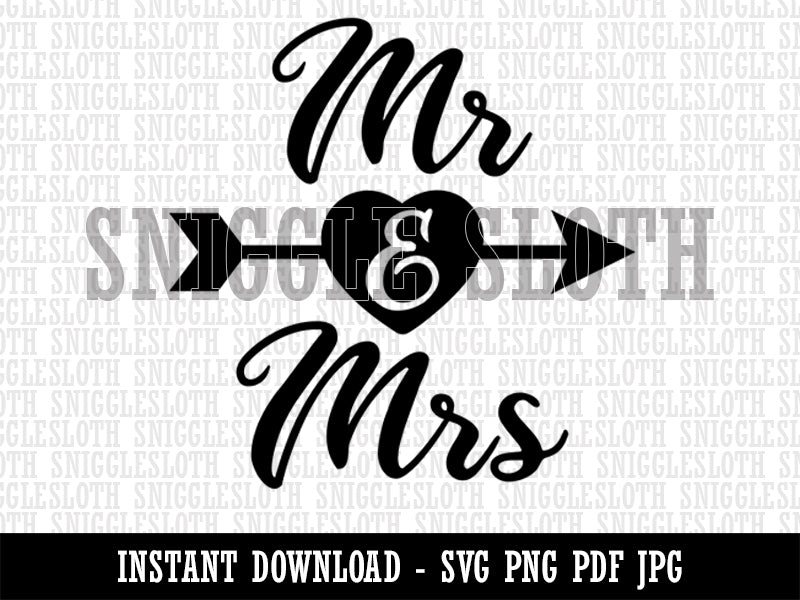 Mr and Mrs Heart and Arrow Wedding Clipart Digital Download SVG PNG JPG PDF Cut Files