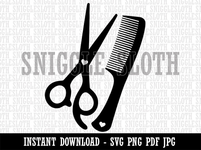 Hair Cutting Comb Scissors with Hearts Clipart Digital Download SVG PNG JPG PDF Cut Files